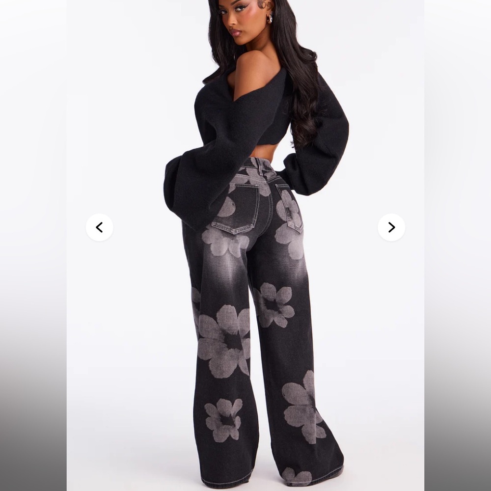 Floral Print Wide Leg Jeans - Black with Washed White Flowers - Picture 3 of 15